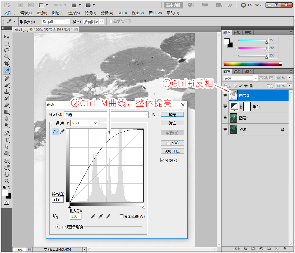 PS水墨画合成教程：利用荷叶塘与鲤鱼图像结合制作出水墨画效果。