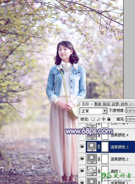 photoshop给春日花景中的青春少女艺术照调出梦幻的粉紫色