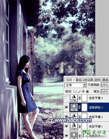 PS调色教程：给屋檐下的美腿少女调出古典暗蓝色