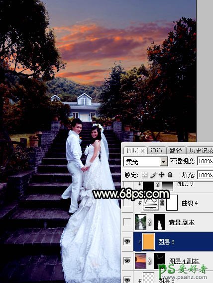 Photoshop给园林中拍摄的情侣婚纱照调出唯美梦幻温馨的霞光色彩