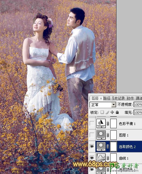 PS调色教程：给油菜花地里的情侣婚片调出金色效果