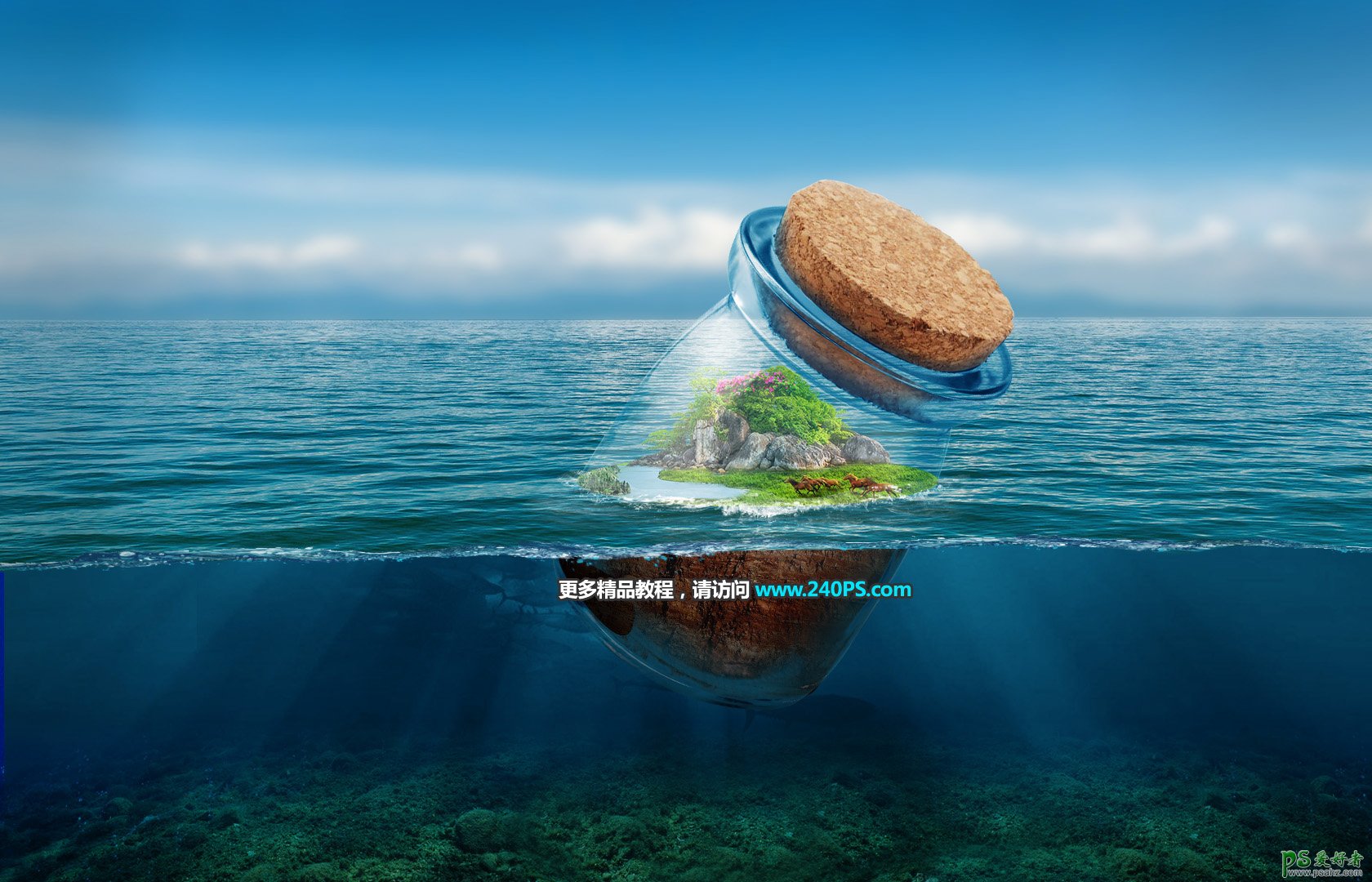 PS创意合成海面上漂浮的漂流瓶，漂流瓶中展示着漂亮的海岛景观。