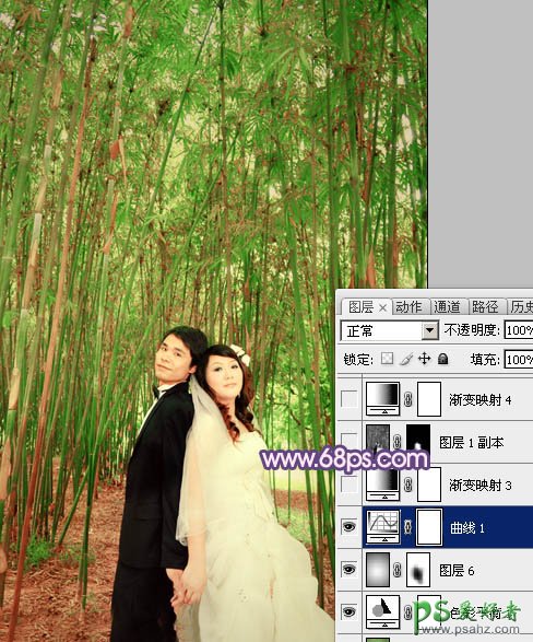 photoshop调出蓝紫色竹林里的情侣婚片