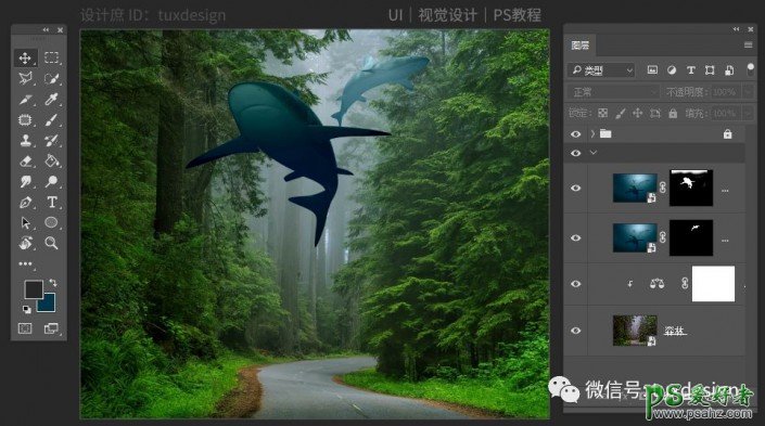 Photoshop梦幻合成在森林中嬉戏的鲸鱼场景，让鱼嬉戏在森林间。