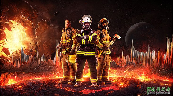 PS合成教程：利用消防员素材图合成出壮观的火焰科幻场景图片