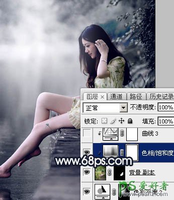 Photoshop给春天里的清纯少女玉腿美脚写真照调出梦幻的暗蓝色