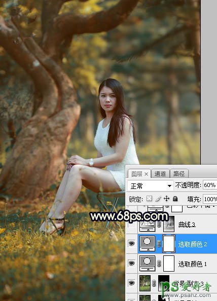 PS美女图片调色教程：给树林中的性感伊人写真照调出唯美的黄色