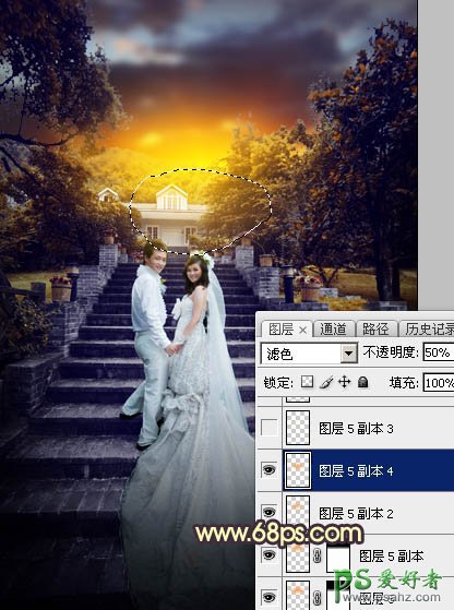 PS调色教程:给古建筑风景图片中拍摄的情侣婚纱照调出唯美的黄色