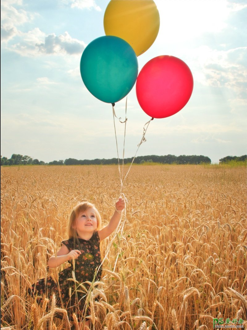 Photoshop给金秋时节麦田中拍摄的可爱儿童写真照调出漂亮的暖黄