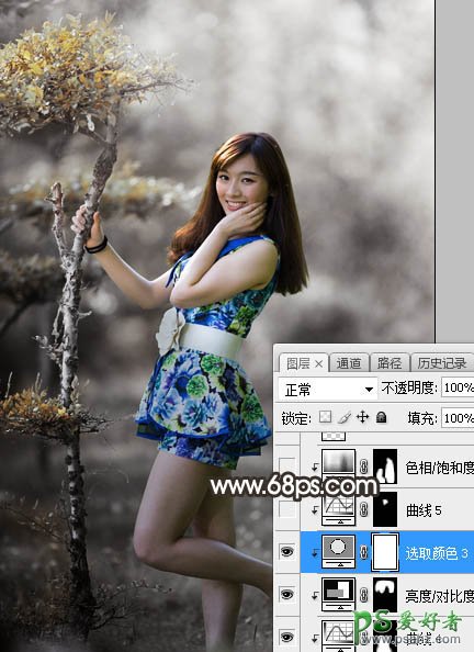 Photoshop给小树林中自拍的女生美腿照片调出中性暗红色调