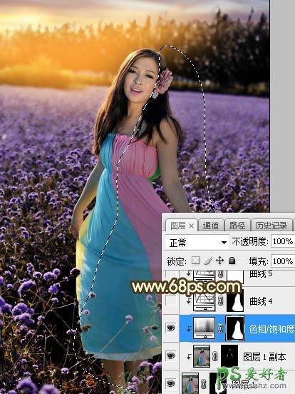 Photoshop给粉色长裙性感嫂子花圃中的写真照调出唯美意境霞光色