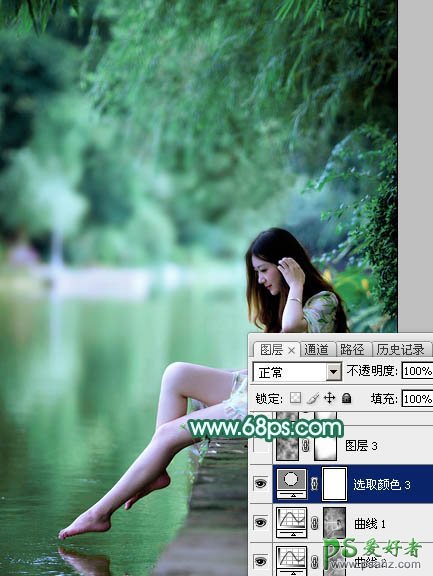 Photoshop给湖景边自拍的甜美女孩儿性感照片调出唯美的青绿色效