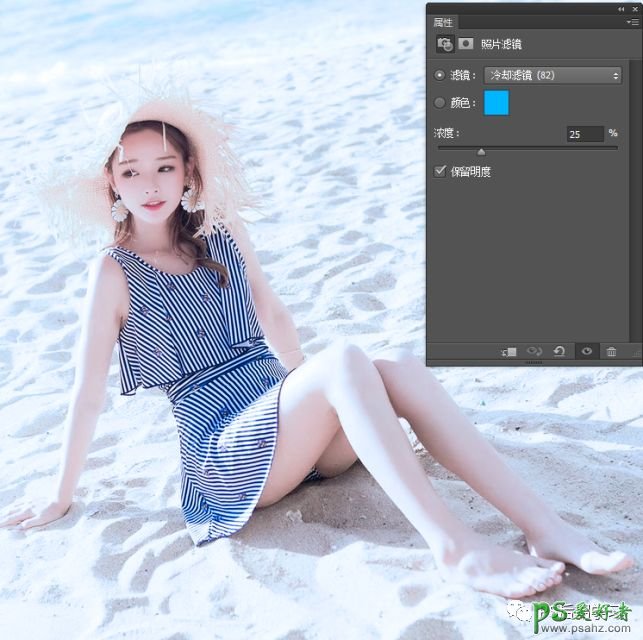 PS人像调色教程：给海边上自拍的美腿少女写真照调出清爽唯美色彩