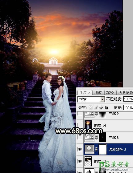 Photoshop给园林中拍摄的情侣婚纱照调出唯美梦幻温馨的霞光色彩