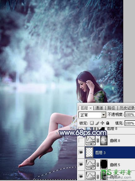 PS调色教程：给水塘边的清纯玉腿美少女写真图片调出唯美的青蓝色