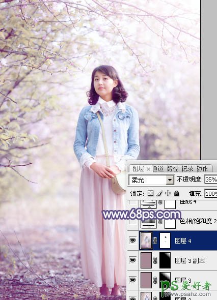 photoshop给春日花景中的青春少女艺术照调出梦幻的粉紫色