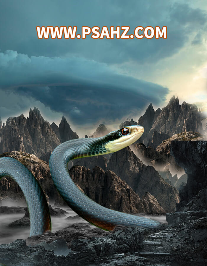 Photoshop创意合成美女与蛇穿梭在大峡谷的场景-巨蛇与美女