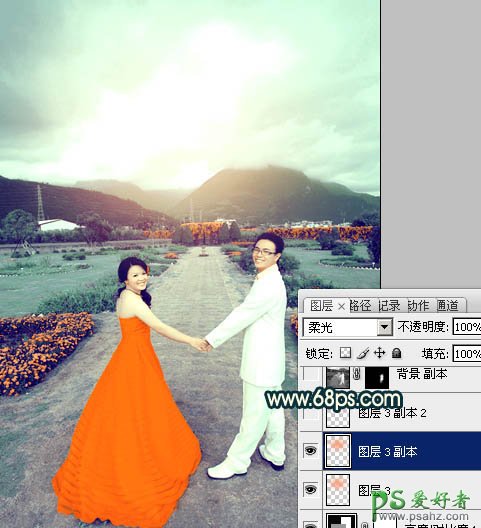 photoshop调出经典的青色效果情侣婚片艺术照