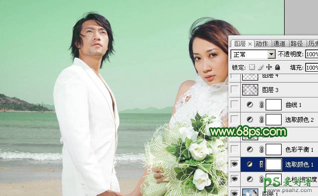 photoshop调出嫩绿色海景情侣婚纱照