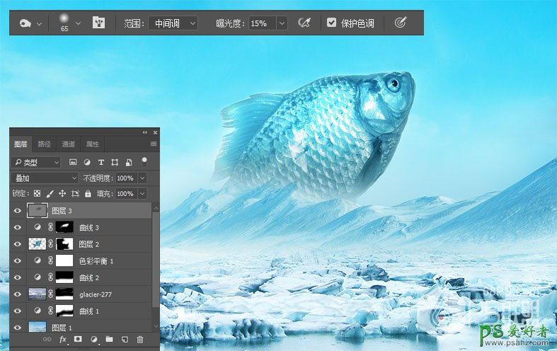 PS合成教程：创意打造从冰层中跃出的大鲫鱼特效图片，跳出冷冻鱼