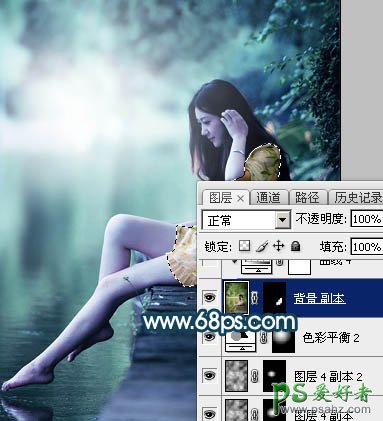 Photoshop给清纯玉腿美脚女神艺术写真图片调出梦幻唯美的青绿色