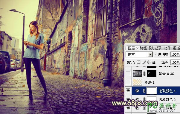 Photoshop给街道上自拍的黑丝美腿少女图片调出怀旧的黄蓝色。
