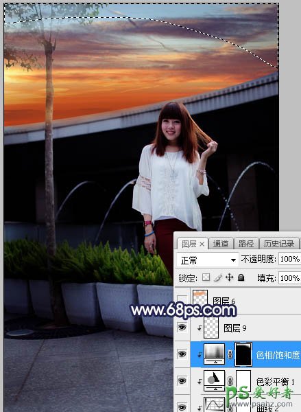 Photoshop给高架桥下拍摄的都市美女时尚照片调出暖色晨曦效果