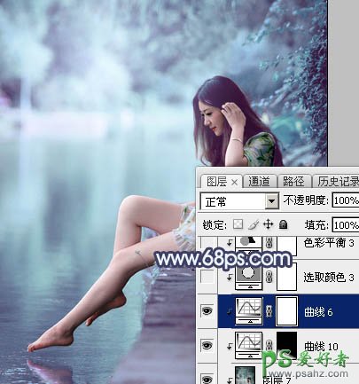 PS调色教程：给水塘边的清纯玉腿美少女写真图片调出唯美的青蓝色