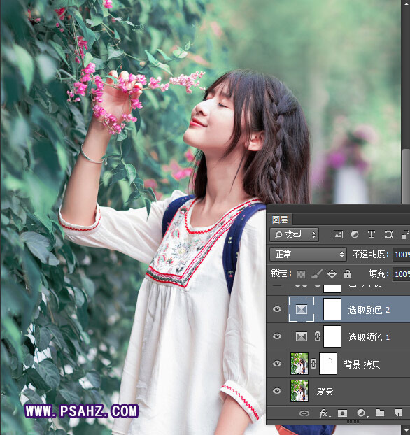 Photoshop漂亮美女照片后期调色：把花景下可爱美女调成梦幻紫色