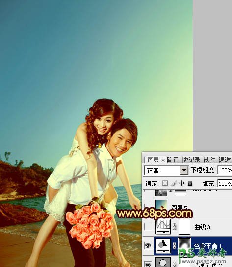 photoshop给一对浪漫的爱侣婚片调出漂亮的霞光色