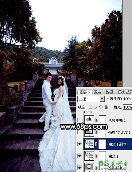 Photoshop给园林中拍摄的情侣婚纱照调出唯美梦幻温馨的霞光色彩