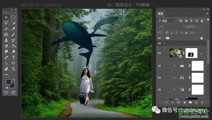 Photoshop梦幻合成在森林中嬉戏的鲸鱼场景，让鱼嬉戏在森林间。