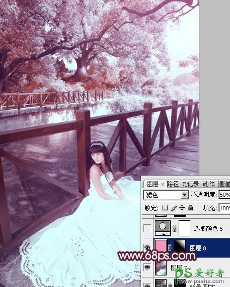 photoshop调出河边梦幻少女婚片个性紫色效果