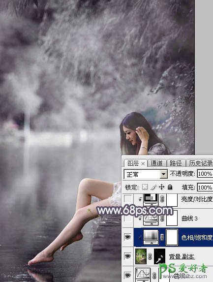 PS美少女艺术照调色实例：给清纯的湖景少女图片调出高雅灰色调