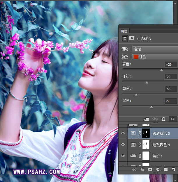 Photoshop漂亮美女照片后期调色：把花景下可爱美女调成梦幻紫色