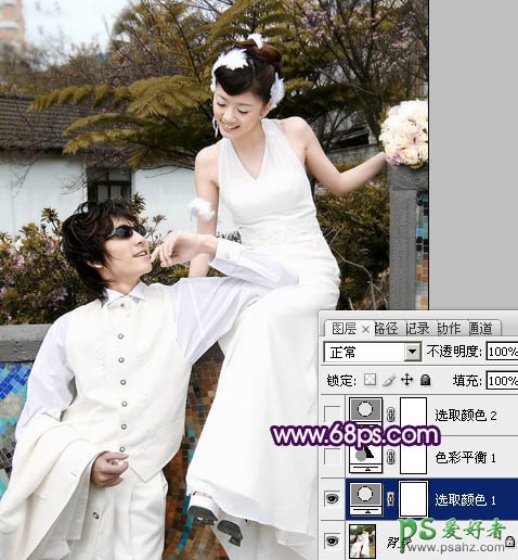 PS调色教程：给花园里的情侣婚片调出清新的效果