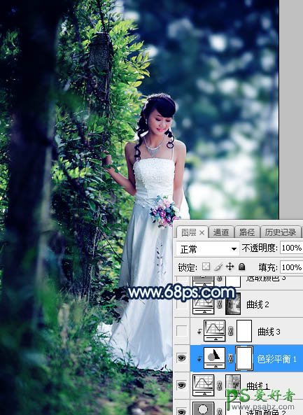Photoshop婚片调色：给树林中私拍漂亮女女婚纱照调出唯美的青蓝