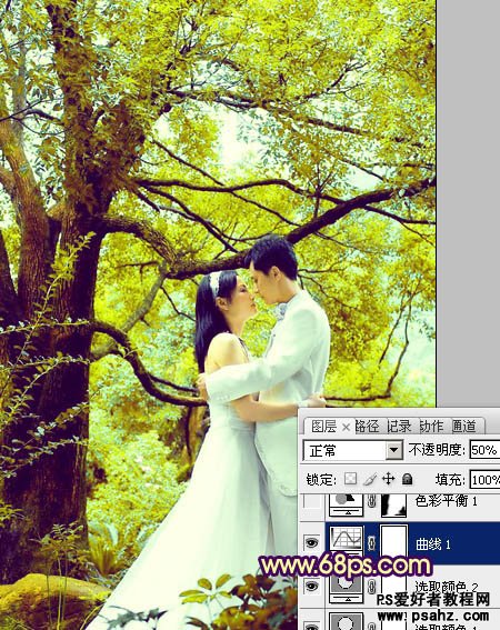 photoshop调出柔和的黄绿风格的情侣婚纱照