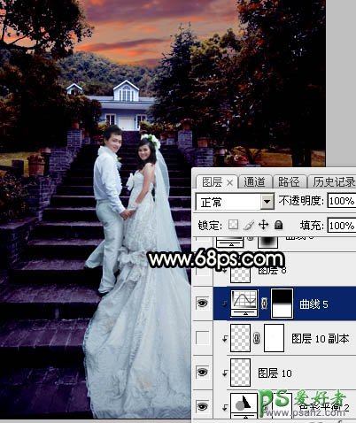 Photoshop给园林中拍摄的情侣婚纱照调出唯美梦幻温馨的霞光色彩