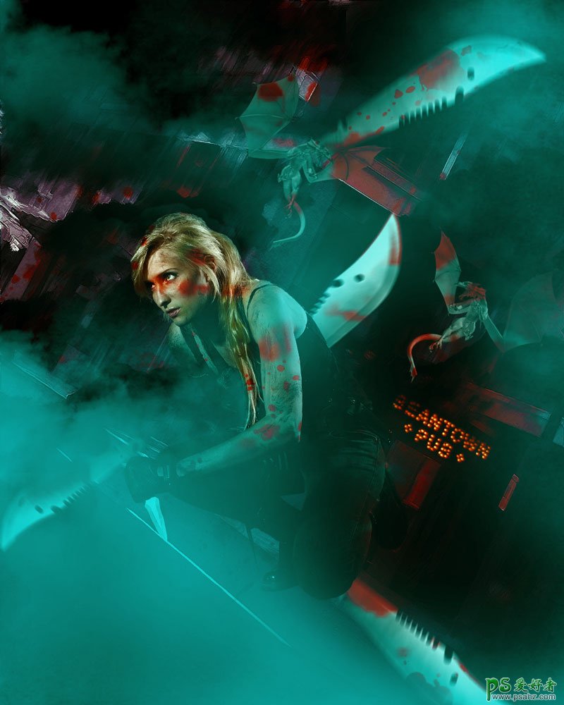 Photoshop创意合成与恶魔搏斗的女战士场景，恐怖电影中的怪兽