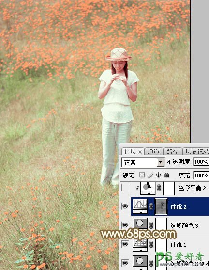 Photoshop给花草甸中的未成年少女写真照调出甜美的韩系粉红色