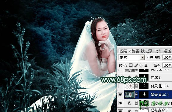 photoshop快速调出古典暗绿色美女婚片写真照