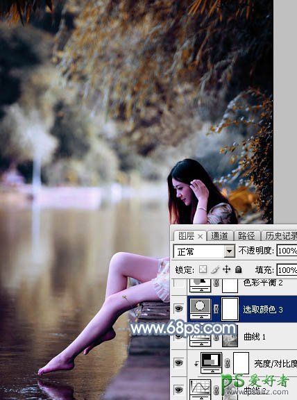 Photoshop给外景自拍的长腿美足少女生活照调出柔和的古典青蓝色