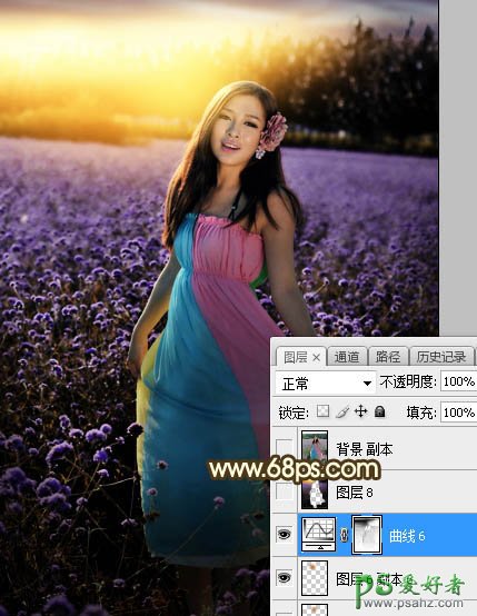 Photoshop给粉色长裙性感嫂子花圃中的写真照调出唯美意境霞光色