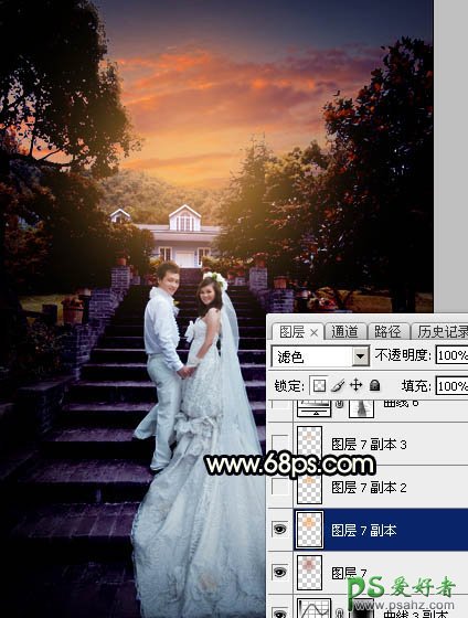 Photoshop给园林中拍摄的情侣婚纱照调出唯美梦幻温馨的霞光色彩