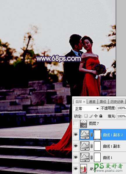 Photoshop给外景拍摄的红色长裙美女婚纱艺术照调出大气的红色霞