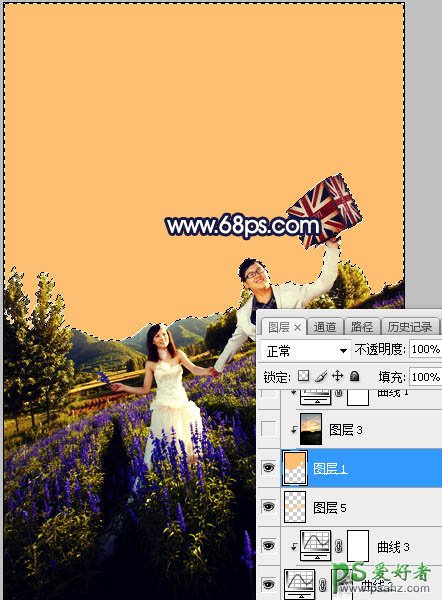 Photoshop给薰衣草花海中拍摄的情侣婚纱照调出绚丽的霞光色