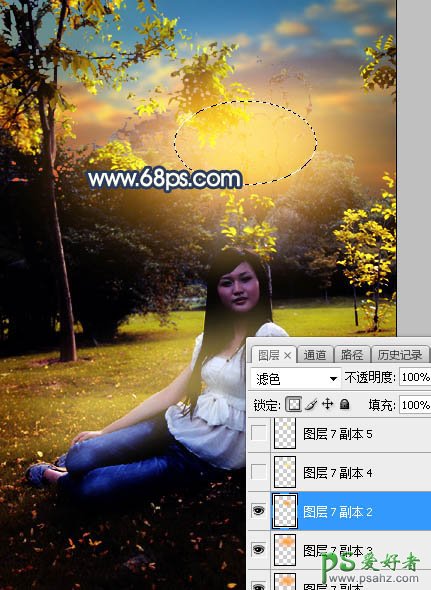 Photoshop给公园树林中等着约会的女生写真照调出温暖的霞光色