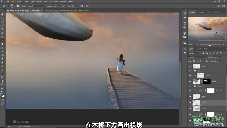 Photoshop创意合成一个小女孩儿在天空的阶梯上遇见飞翔的鲸鱼场