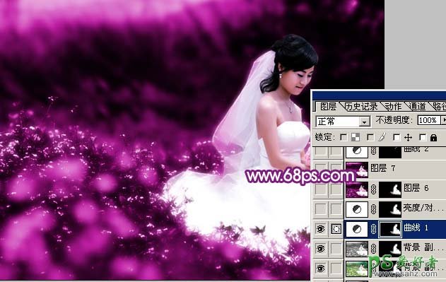 photoshop给大胸婚片美女照调出梦幻紫色调